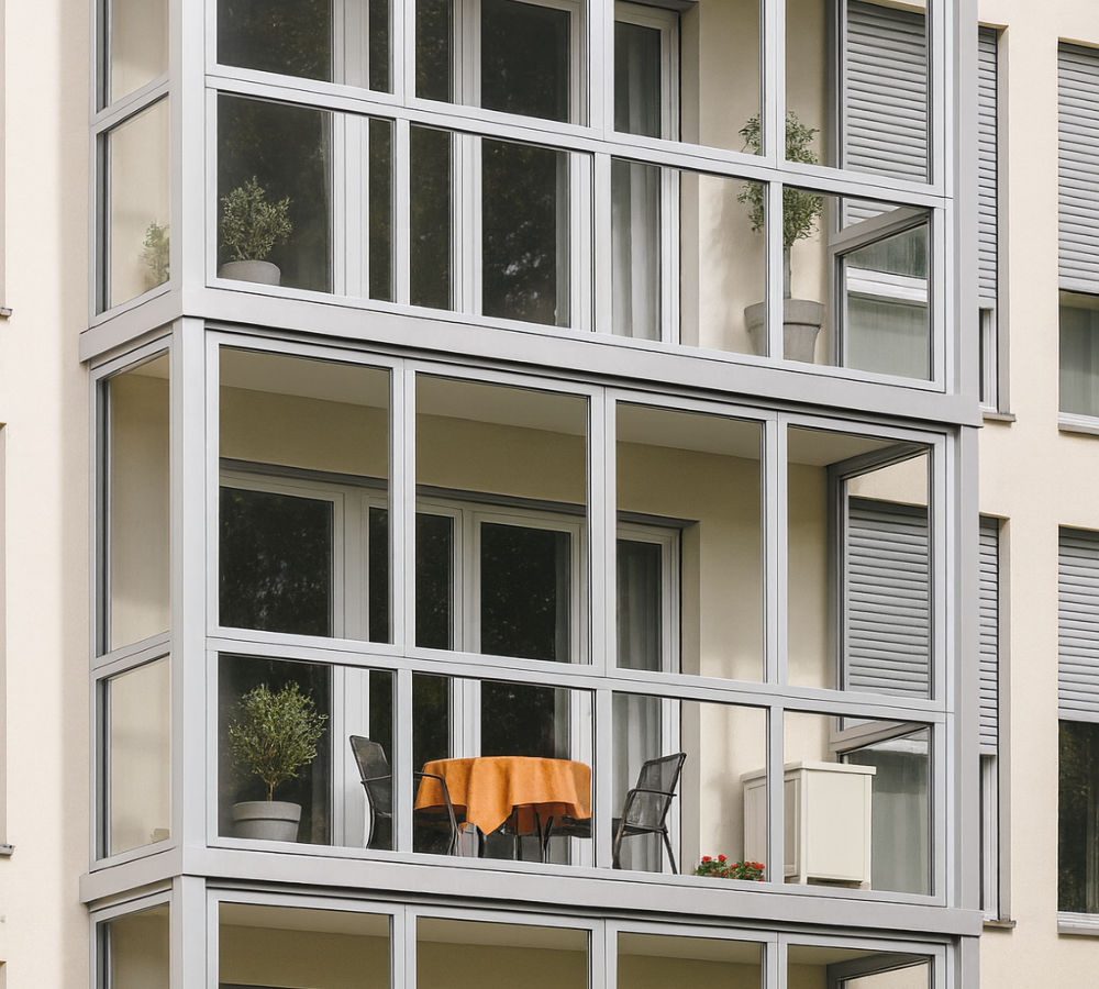 Balkon Wintergarten mit Aluminiumrahmen und großer Glasfront – moderne Balkonverglasung in Hamburg