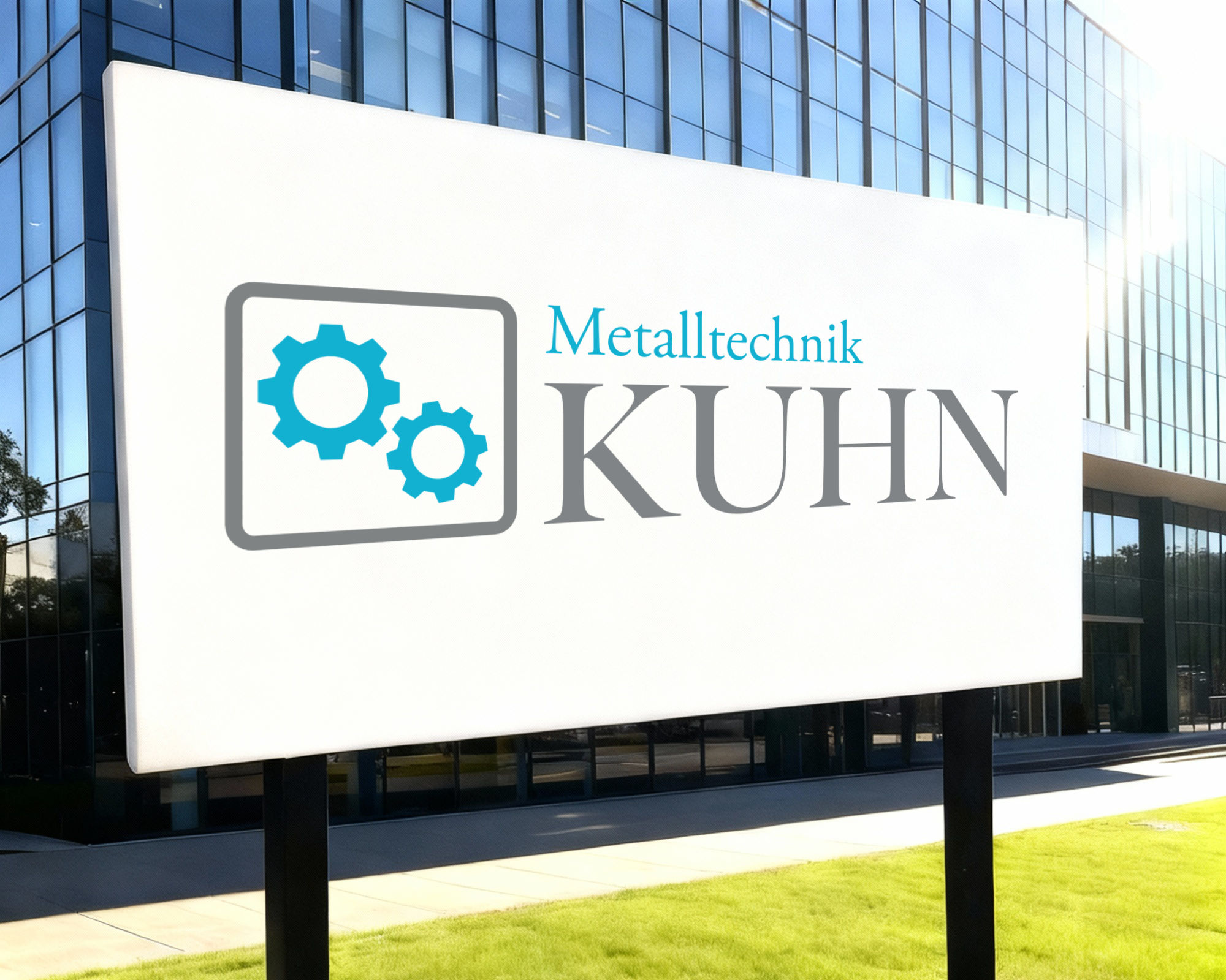 Firmenschild aus Metall vor Bürogebäude Freistehendes Firmenschild aus Metall vor einem modernen Bürogebäude.